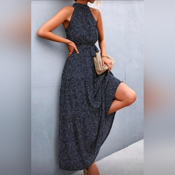NEW Chic Dot Print Tiered Ruffle Halter Maxi Dress Navy Blue White - Picture 7 of 9